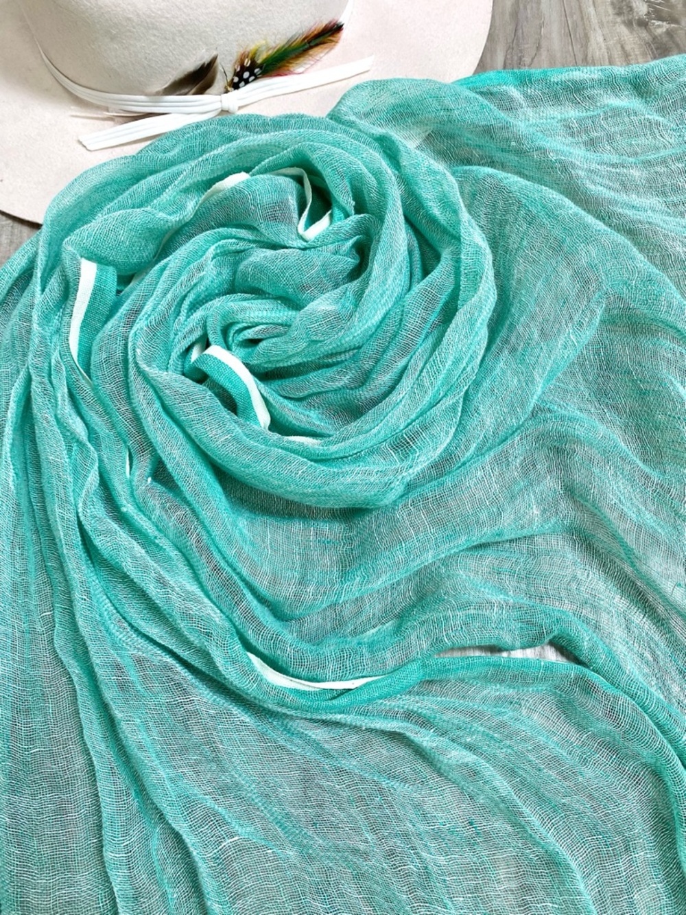 Dreamy Aqua LINEN scarf/wrap w resort vacay beach ocean vibe - Picture 15 of 15